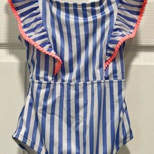 Cat & Jack Blue and White Striped Little Girl Swimsuit, Size 6/7